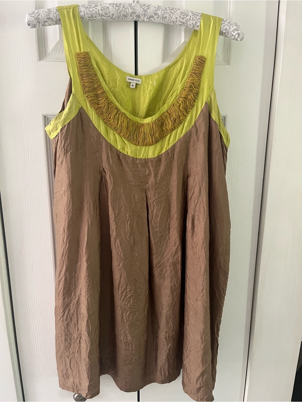 Chan Luu Brown and Lime Green Sleeveless Tunic 100% silk ( lined ) sz M